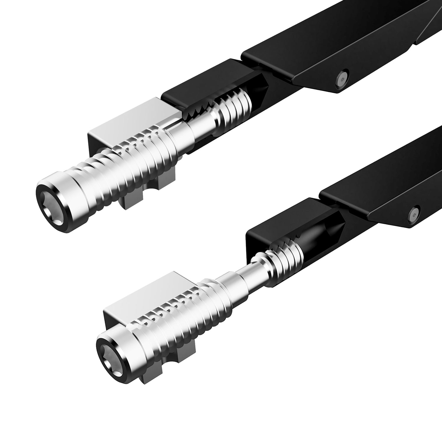 A black and silver adjustable torque arm with a double screw fitting on one end.